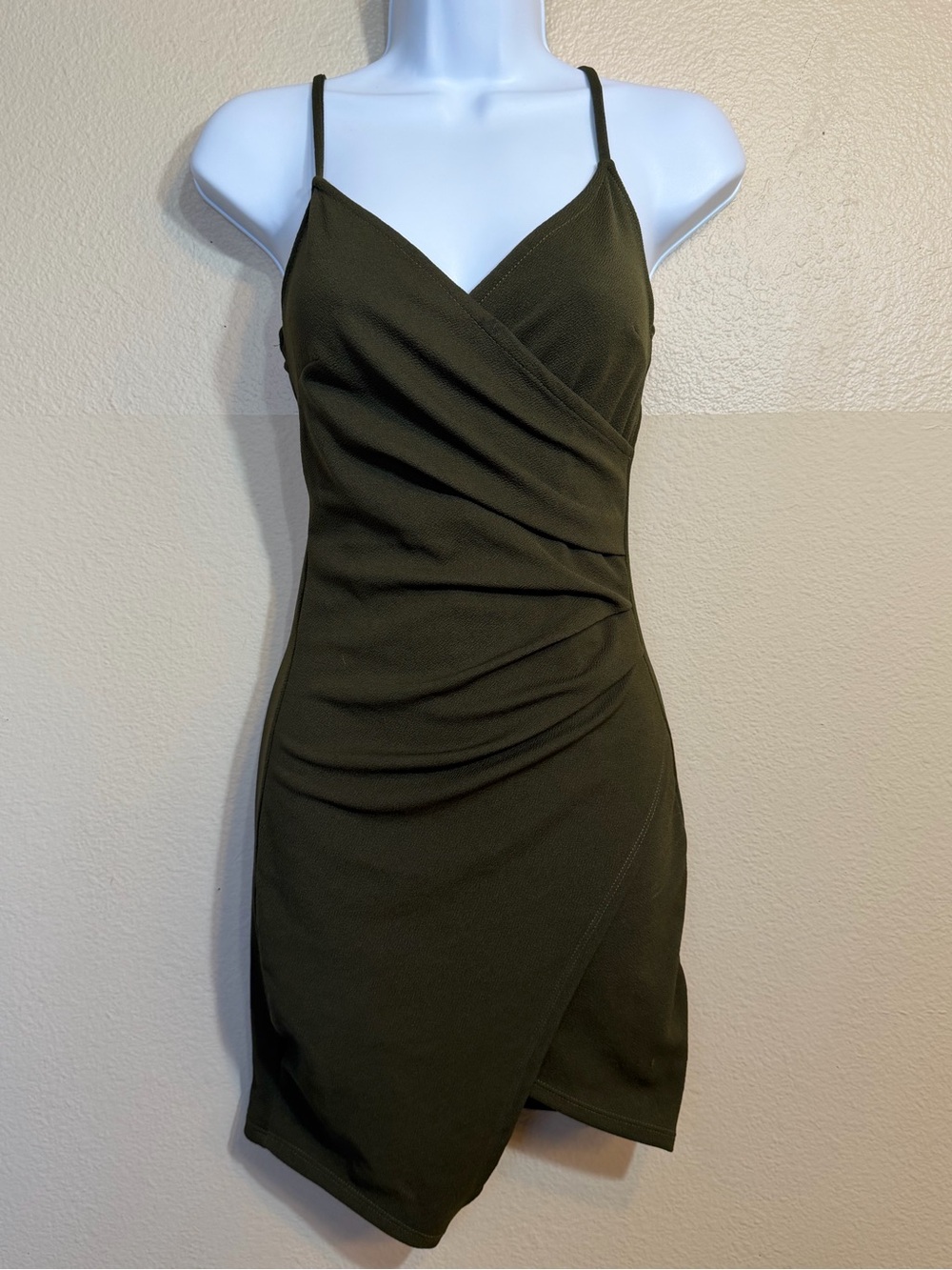 Sleeveless Olive faux Wrap-Front Bodycon Dress